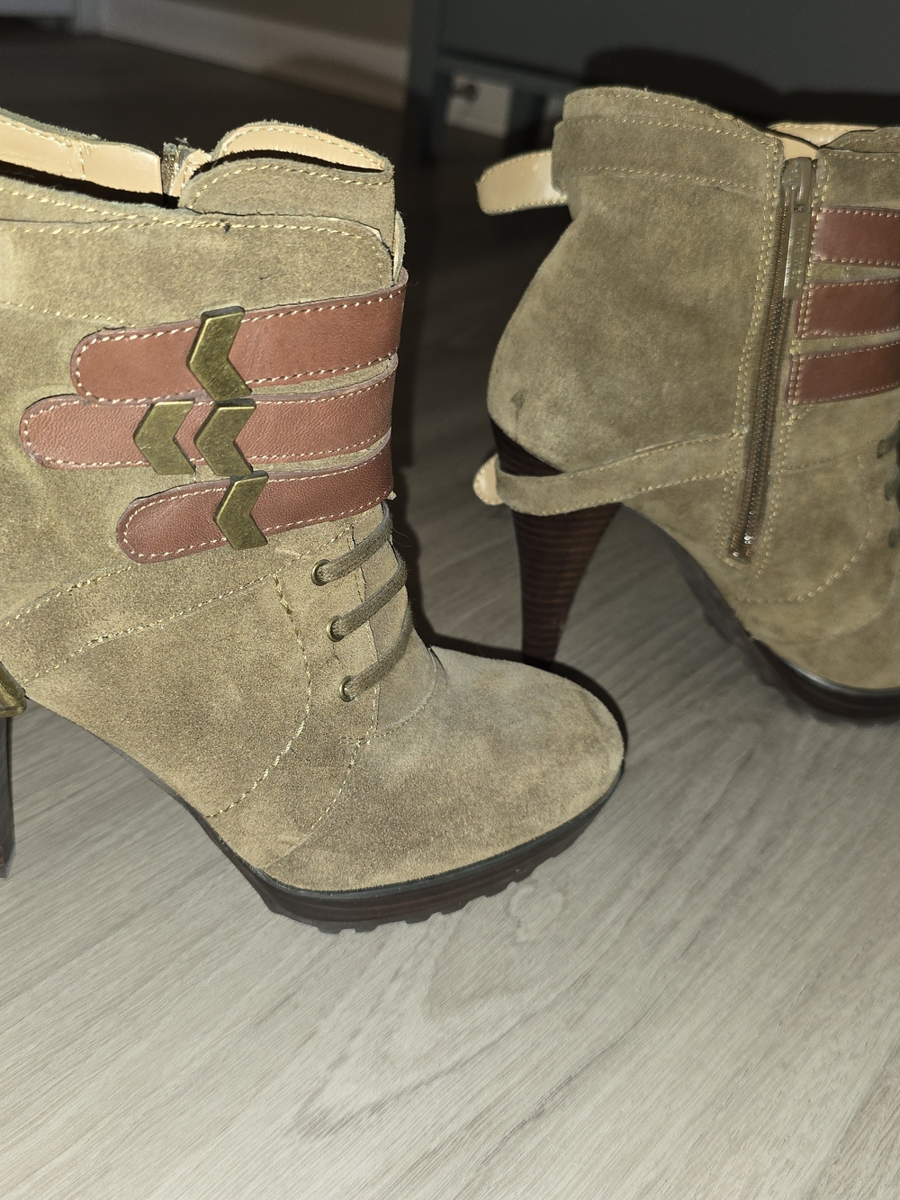 Nine West Tan Suede High-Heel Combat Ankle Boots with Brown Strap Accents
